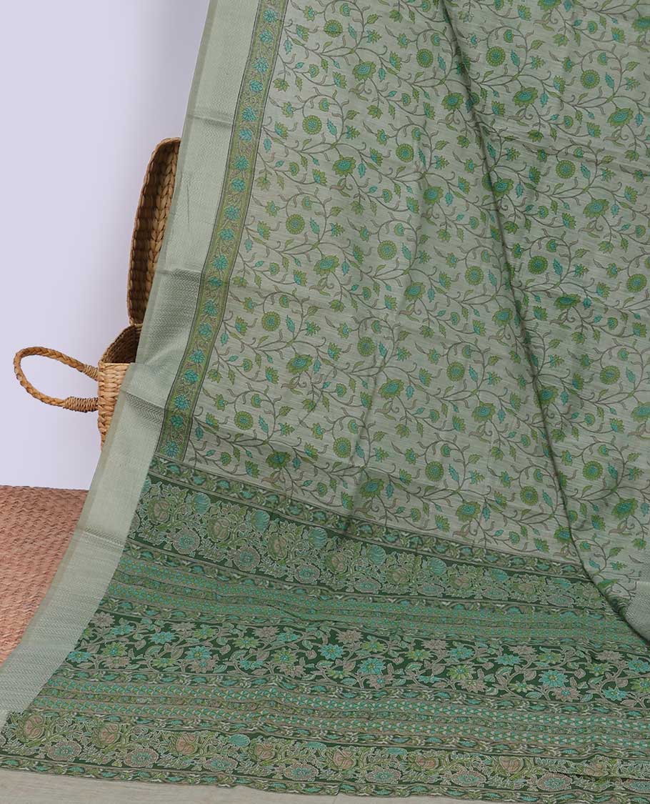 Green floral vine printed cotton saree, self-border & pallu of floral print