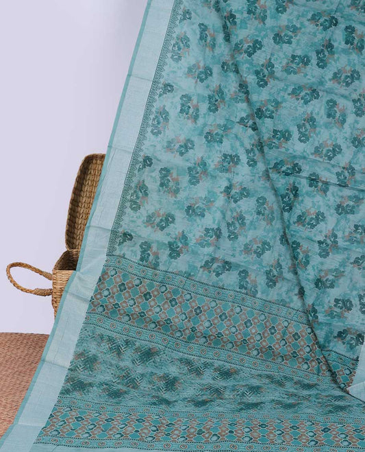 Blue floral printed cotton saree, self-border & pallu of geometric print