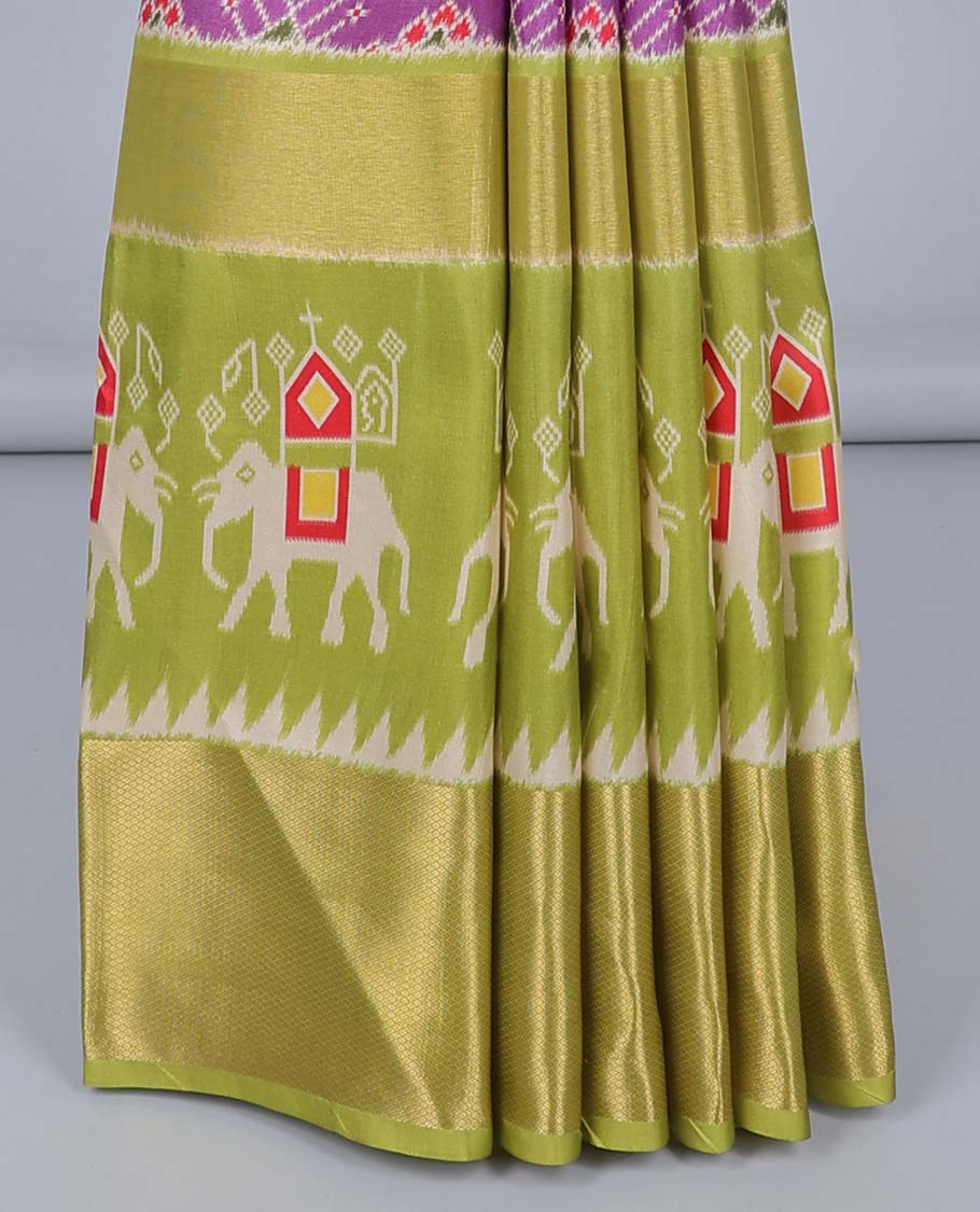 Purple semi-banaras patola printed jute saree,contrast traditional design & patola elephant border & patola print pallu