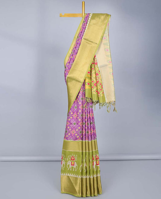 Purple semi-banaras patola printed jute saree,contrast traditional design & patola elephant border & patola print pallu