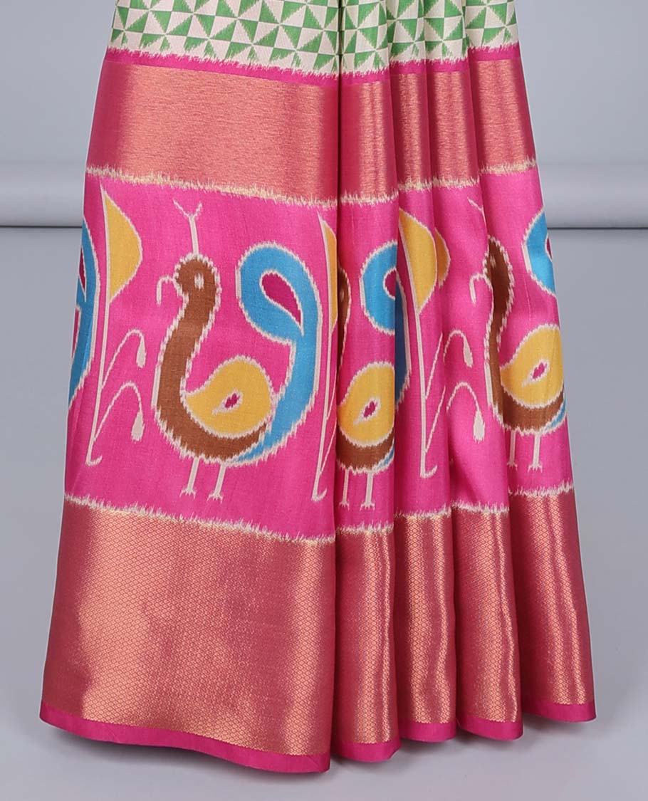 Green geometric print semi-banaras jute saree,contrast traditional design & patola peacock border & patola printed pallu
