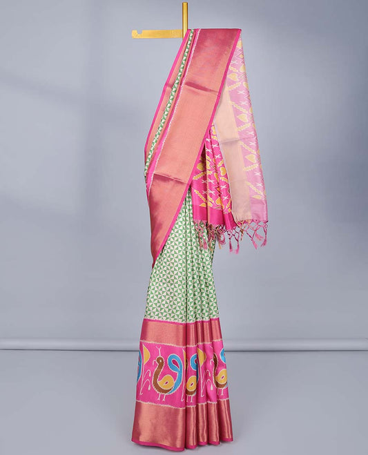 Green geometric print semi-banaras jute saree,contrast traditional design & patola peacock border & patola printed pallu