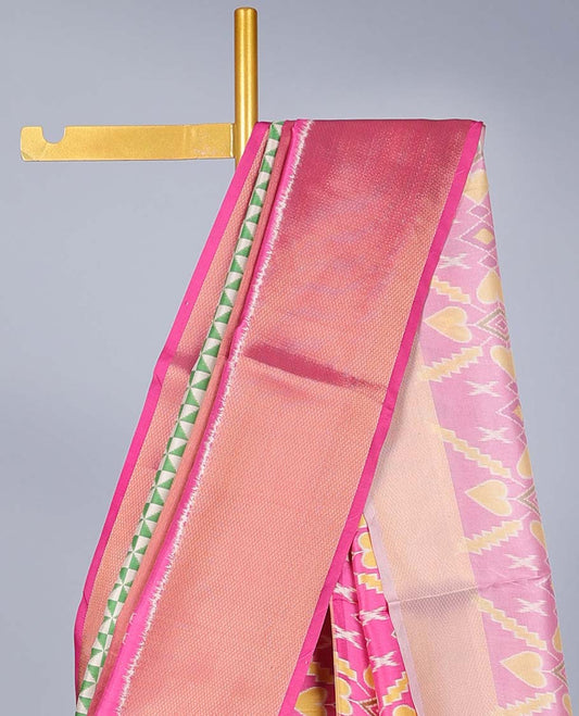 Green geometric print semi-banaras jute saree,contrast traditional design & patola peacock border & patola printed pallu