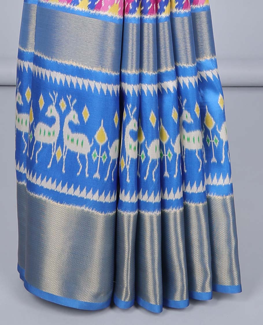 Purple butta enclosed check semi-banaras jute saree,contrast traditional zari & patola deer border & patola print pallu
