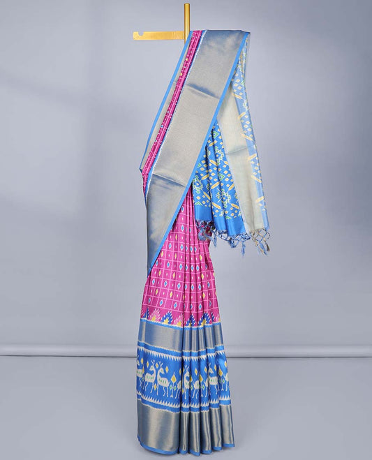 Purple butta enclosed check semi-banaras jute saree,contrast traditional zari & patola deer border & patola print pallu