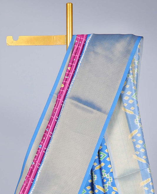 Purple butta enclosed check semi-banaras jute saree,contrast traditional zari & patola deer border & patola print pallu