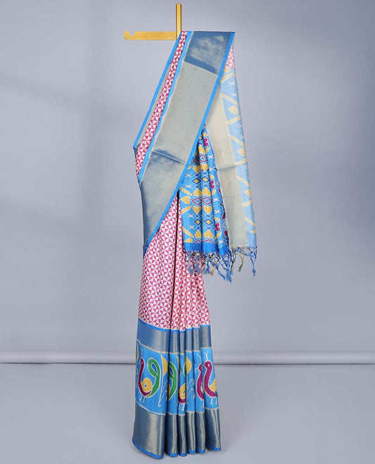 Purple geometric print semi-banaras jute saree,contrast traditional design & patola peacock border & patola print pallu