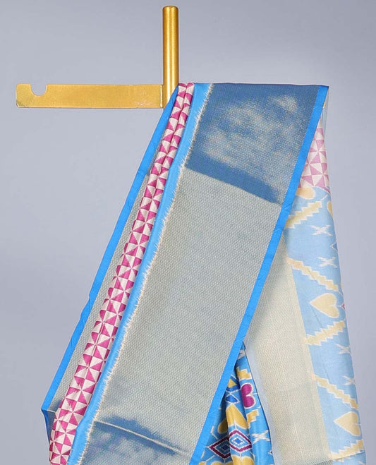 Purple geometric print semi-banaras jute saree,contrast traditional design & patola peacock border & patola print pallu