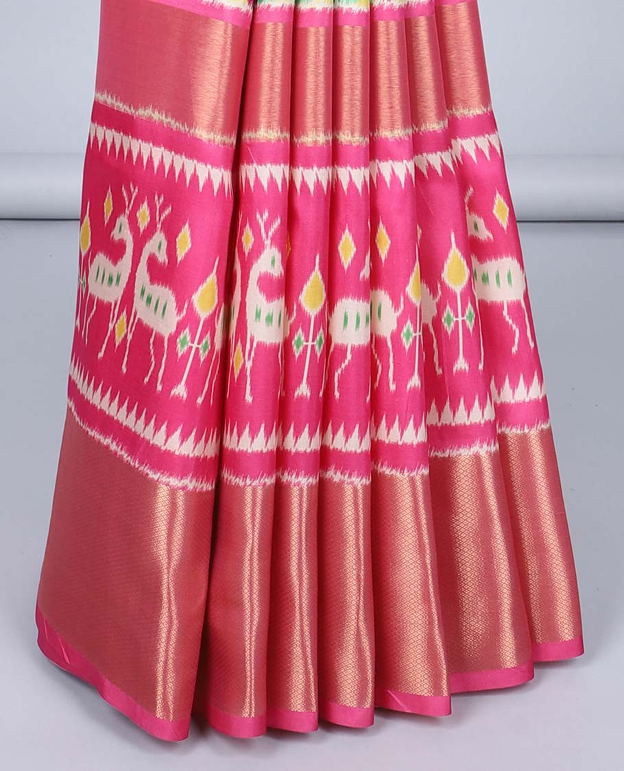 Green butta enclosed check semi-banaras jute saree,contrast traditional design & patola deer border & patola print pallu