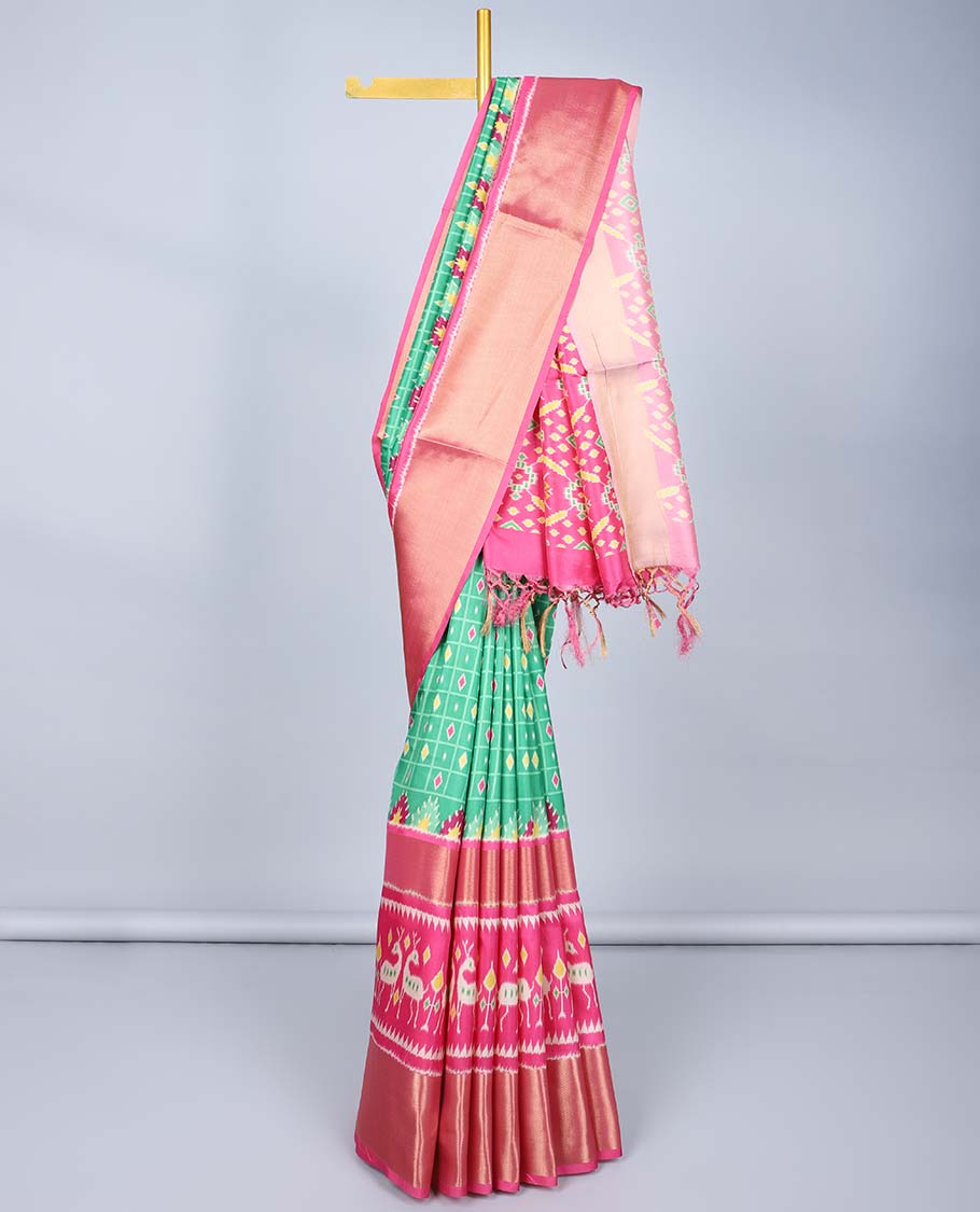 Green butta enclosed check semi-banaras jute saree,contrast traditional design & patola deer border & patola print pallu