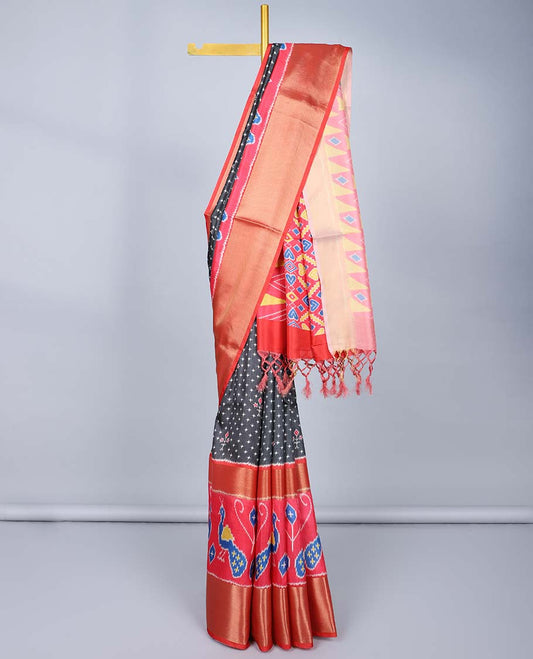 Black semi-banaras jute saree with buttas, contrast traditional design & patola peacock border & patola printed pallu