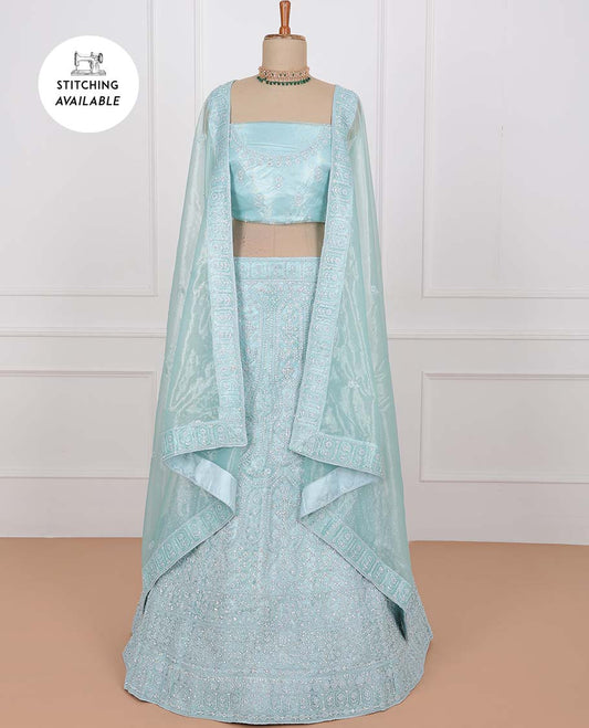 Blue net lehenga, intricate stone embroidered skirt, embroidered top & embroidered border net dupatta