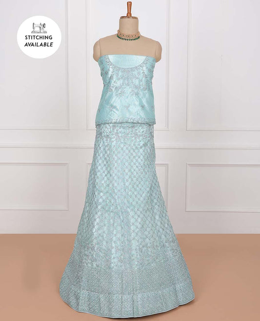 Blue net lehenga, jaal stone embroidered skirt, stone embroidered top & embroidered net dupatta