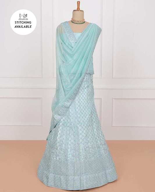 Blue net lehenga, jaal stone embroidered skirt, stone embroidered top & embroidered net dupatta
