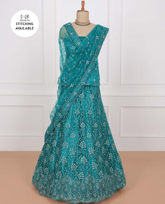 Blue net lehenga, floral vine stone embroidered skirt, stone embroidered top & floral vine embroidered net dupatta