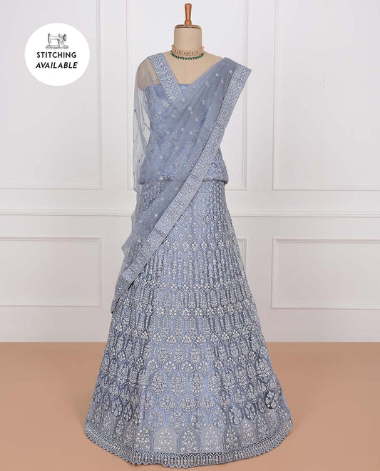 Grey net lehenga, ogee embroidered skirt, ogee stone embroidered top & embroidered net dupatta