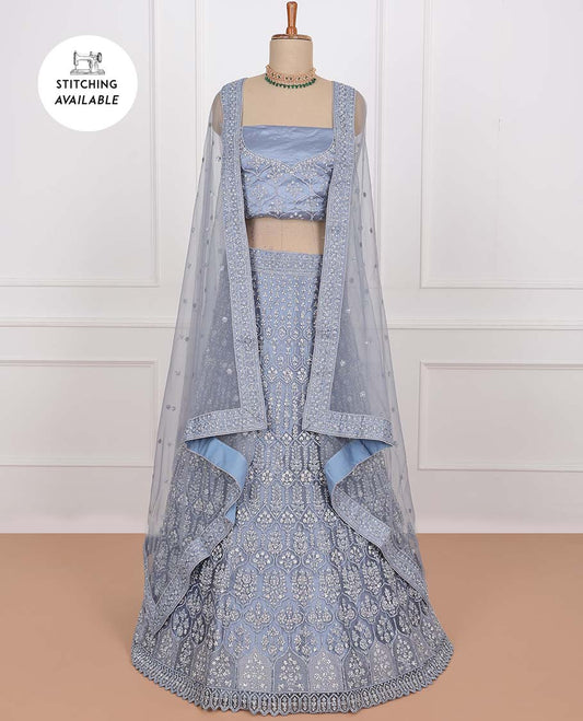 Grey net lehenga, ogee embroidered skirt, ogee stone embroidered top & embroidered net dupatta
