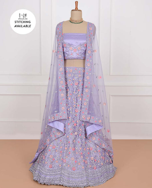 Lavender net lehenga, floral vine embroidered skirt, floral vine stone embroidered top & embroidered net dupatta