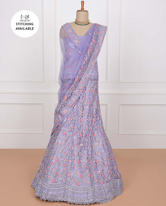 Lavender net lehenga, floral vine embroidered skirt, floral vine stone embroidered top & embroidered net dupatta