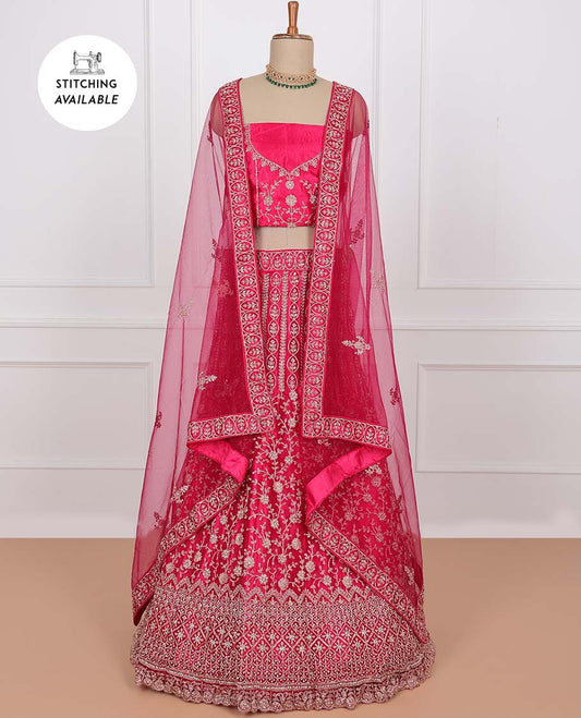 Pink net lehenga, floral & geometric embroidered skirt, stone embroidered top & embroidered net dupatta
