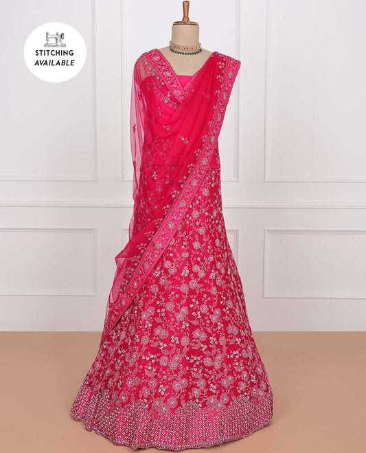 Pink net lehenga, floral vine stone embroidered skirt, stone embroidered top & embroidered net dupatta
