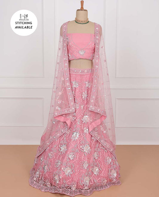 Pink net lehenga, floral sequins embroidered skirt, sequins embroidered top & sequins embroidered net dupatta