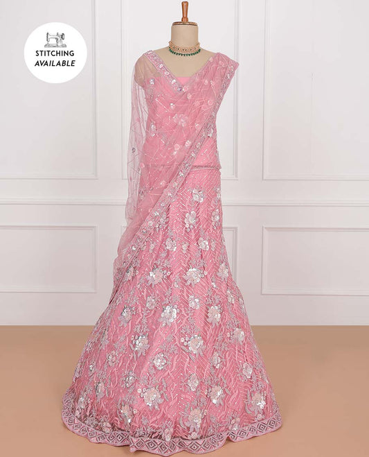 Pink net lehenga, floral sequins embroidered skirt, sequins embroidered top & sequins embroidered net dupatta
