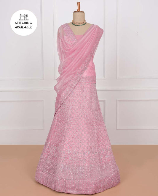 Pink net lehenga, jaal stone embroidered skirt, stone embroidered top & embroidered net dupatta