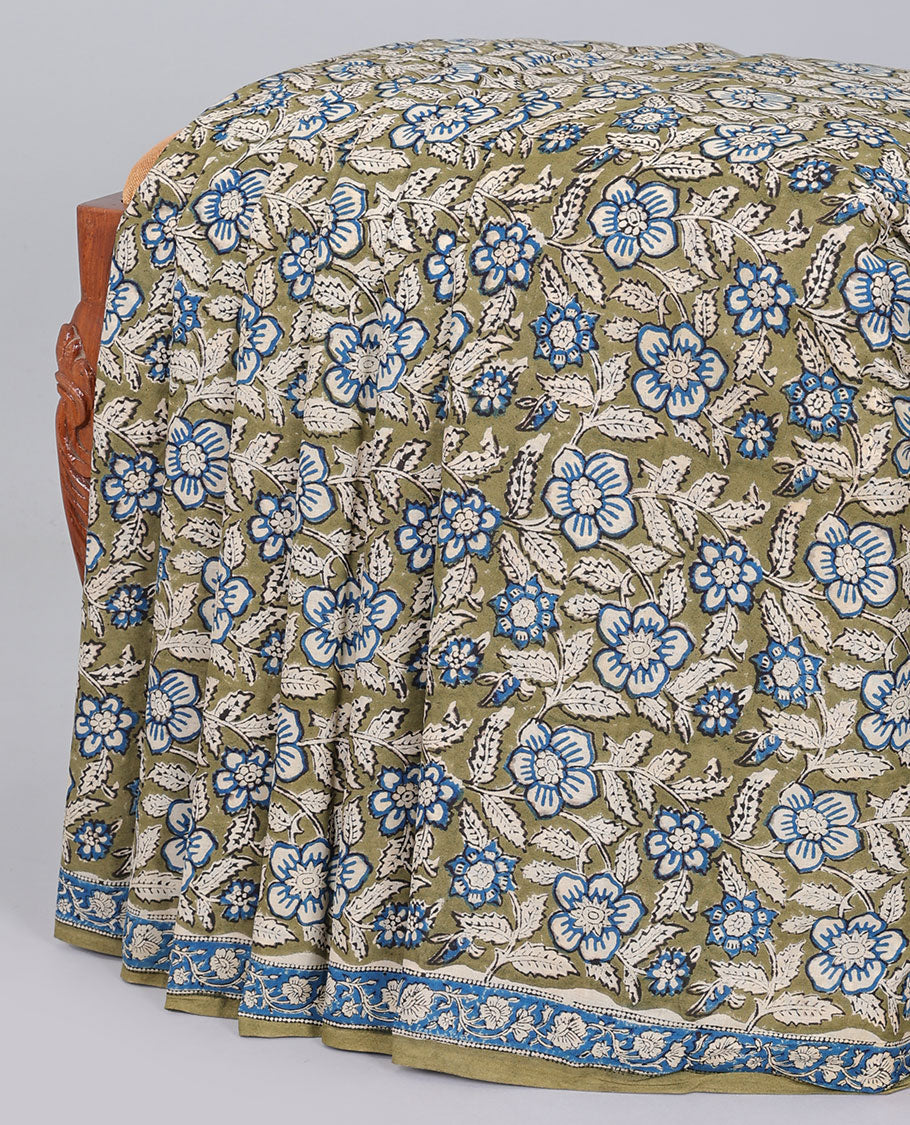 Green floral vine printed mul-mul cotton saree, self-border & pallu of intricate print