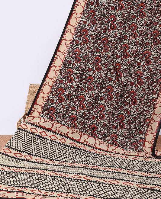 Multi-color paisley printed mul-mul cotton saree, floral creeper border & pallu of geometric print