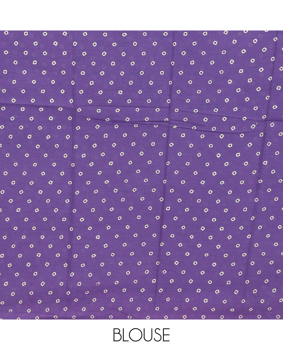 Violet ajrakh printed mul-mul cotton saree, geometric border & pallu of geometric & floral print