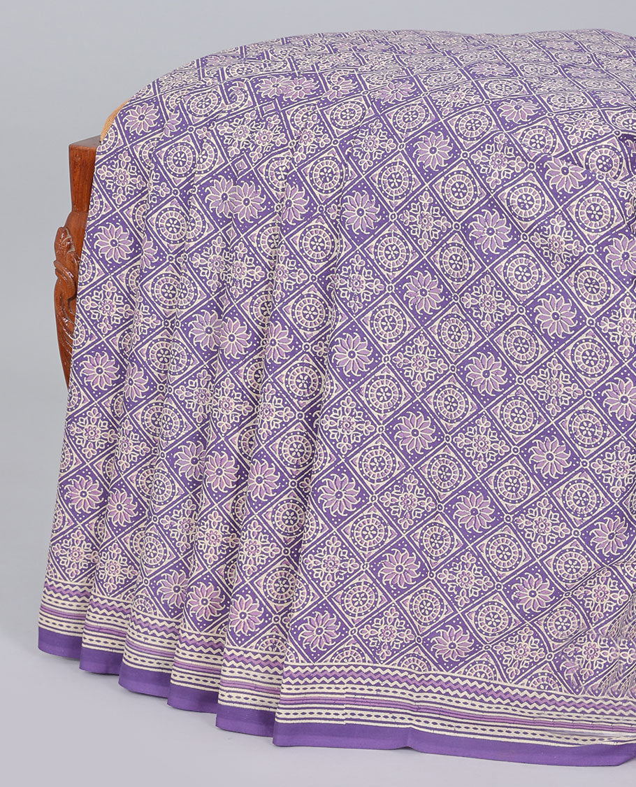 Violet ajrakh printed mul-mul cotton saree, geometric border & pallu of geometric & floral print