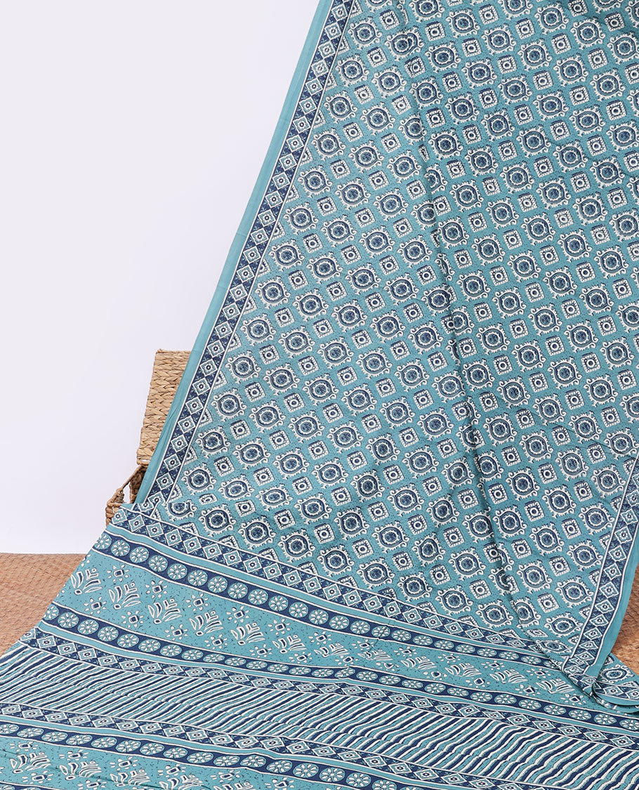 Blue intricately printed mul-mul cotton saree, self-border & pallu of geometric print