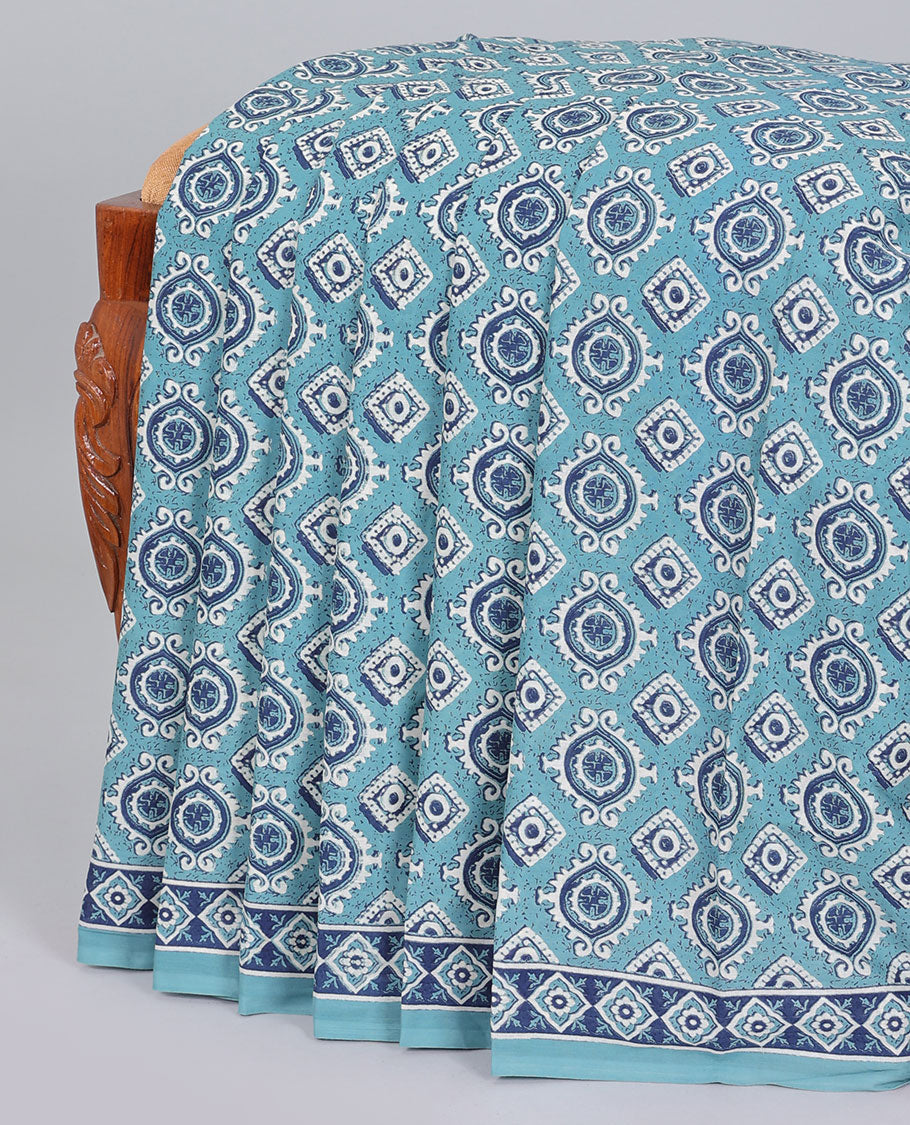 Blue intricately printed mul-mul cotton saree, self-border & pallu of geometric print