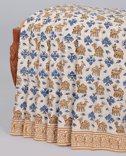 Multi-color camel motifs printed mul-mul cotton saree, paisley border & pallu of paisley print
