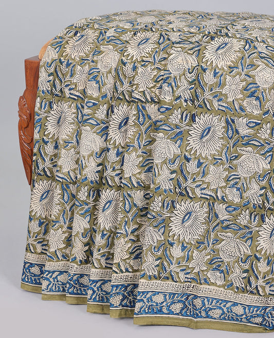 Green floral printed mul-mul cotton saree, floral border & pallu of floral & geometric print