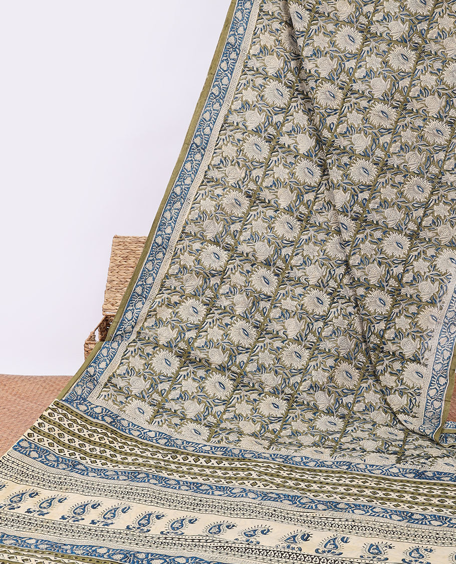 Green floral printed mul-mul cotton saree, floral border & pallu of floral & geometric print