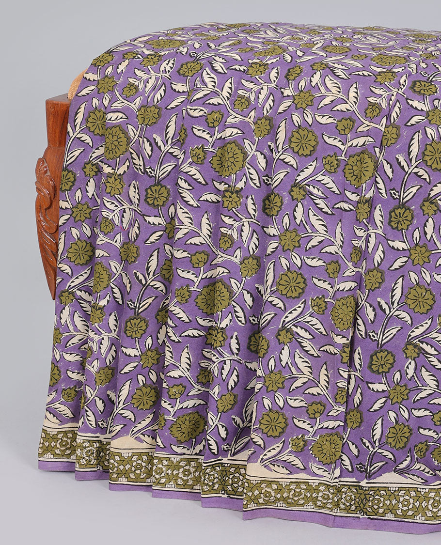 Lavender floral printed mul-mul cotton saree, floral border & pallu of floral & geometric print