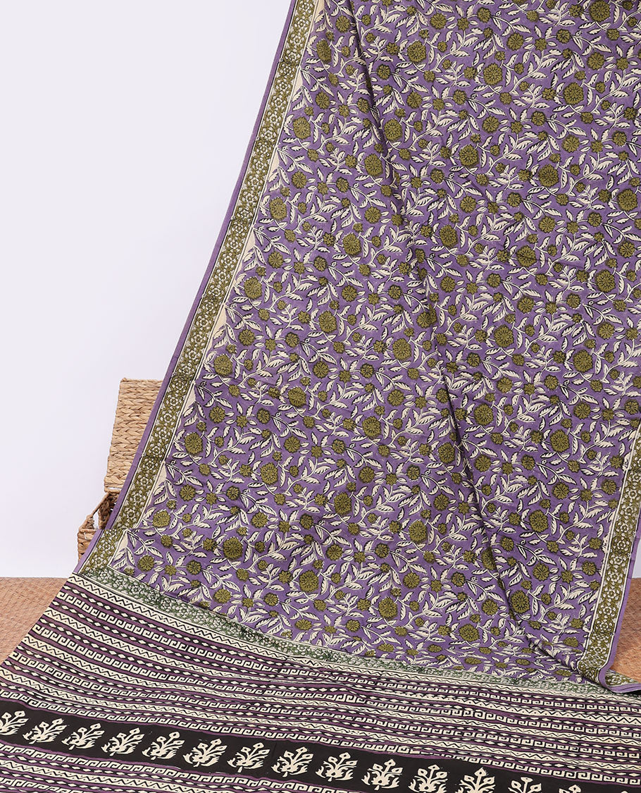 Lavender floral printed mul-mul cotton saree, floral border & pallu of floral & geometric print