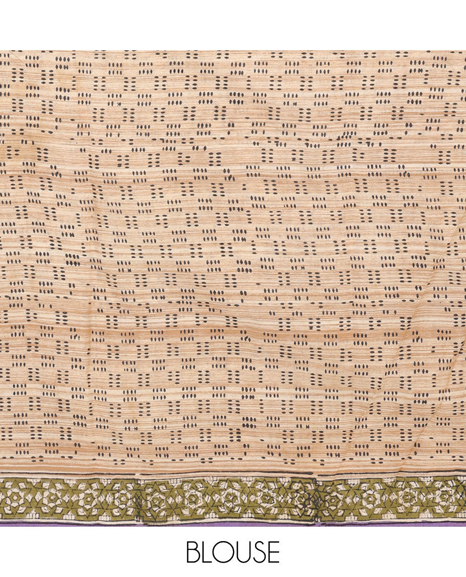 Lavender floral printed mul-mul cotton saree, floral border & pallu of floral & geometric print