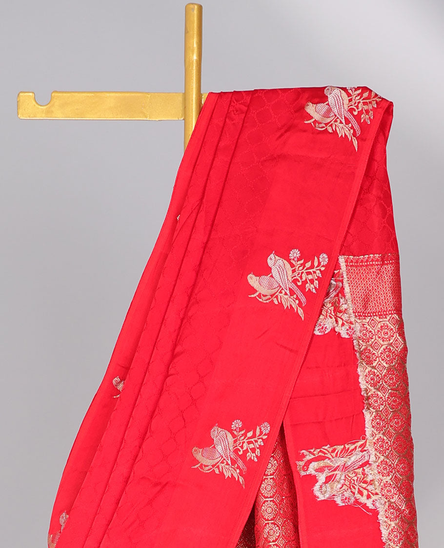 Red sparsely woven argyle mushru silk saree,  bird design border & intricate pallu