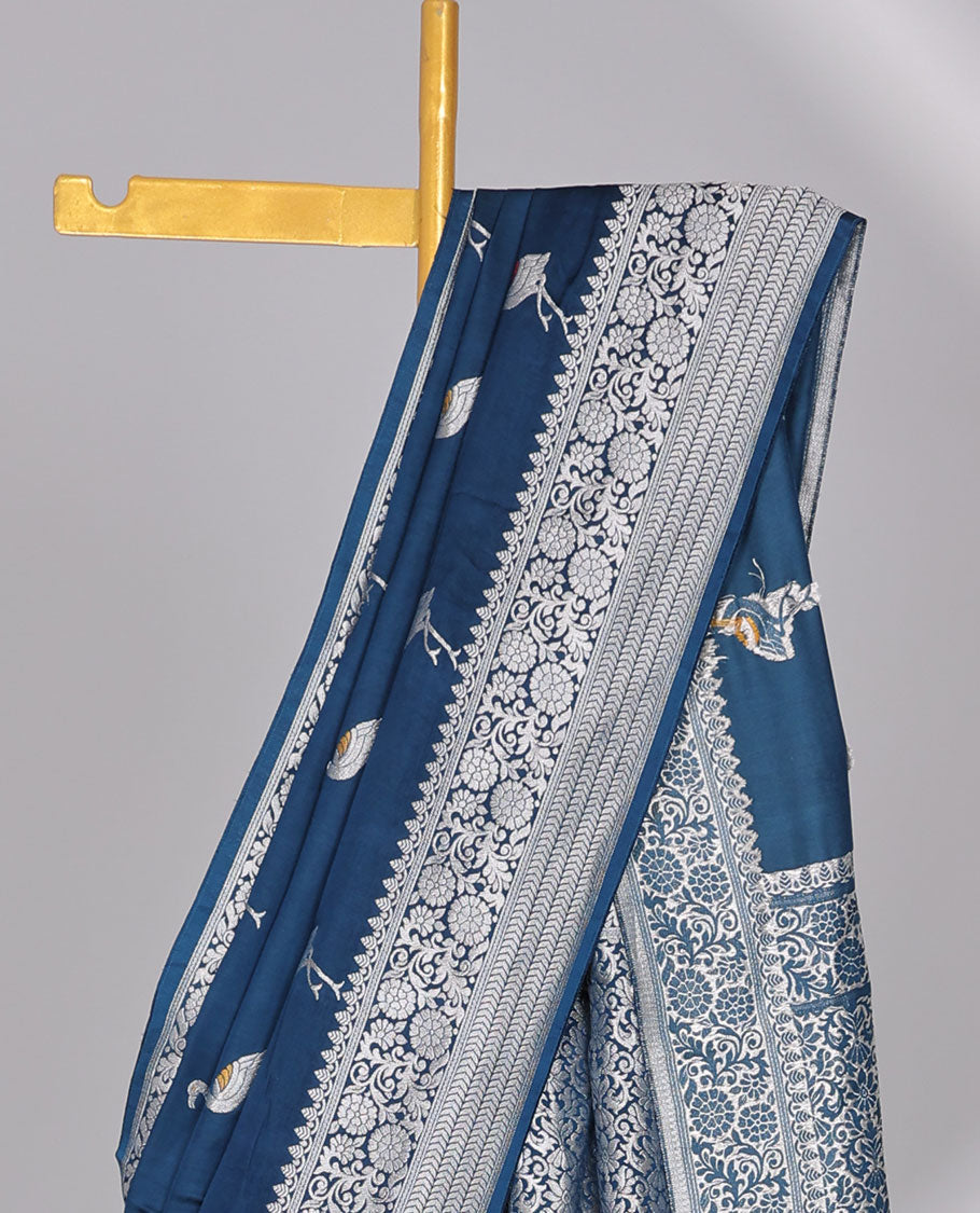 Blue mushru silk saree with swan motifs, traditional design border & intricate pallu