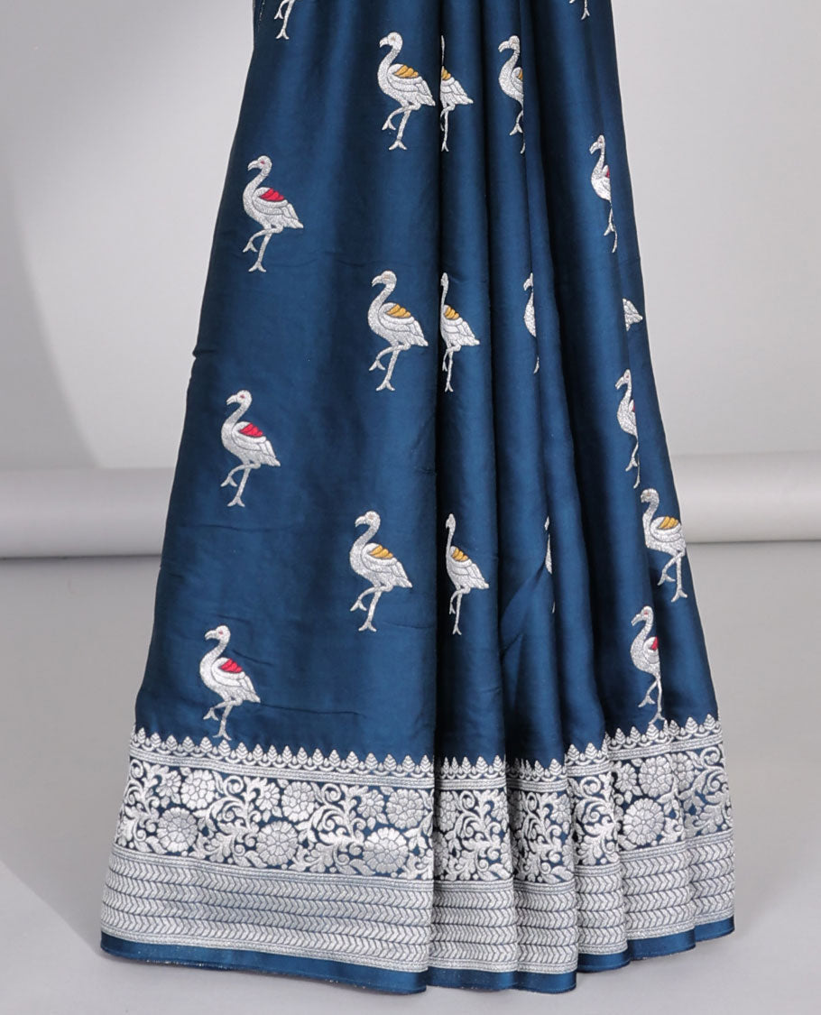 Blue mushru silk saree with swan motifs, traditional design border & intricate pallu
