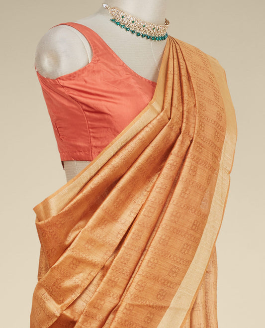 Orange unique motifs tusser silk saree, plain border