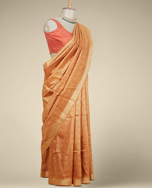 Orange unique motifs tusser silk saree, plain border