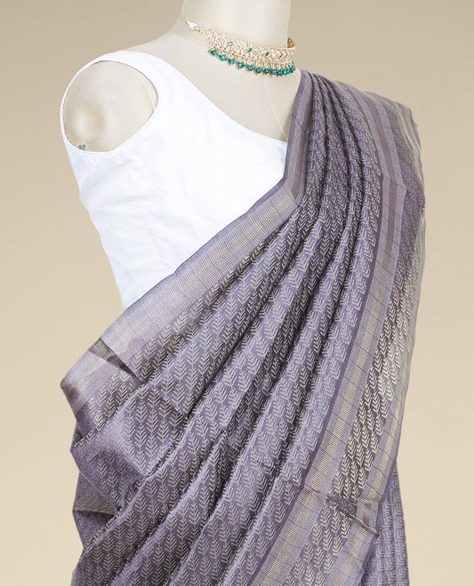 Grey leaf designs tusser silk saree, zari border of leaf designs