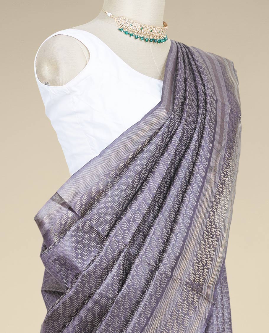 Grey leaf designs tusser silk saree, zari border of leaf designs