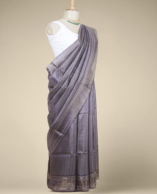 Grey leaf designs tusser silk saree, zari border of leaf designs