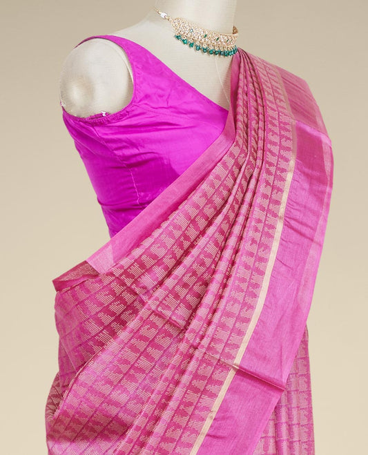 Pink tusser silk saree with unique designs, self-border of stripes