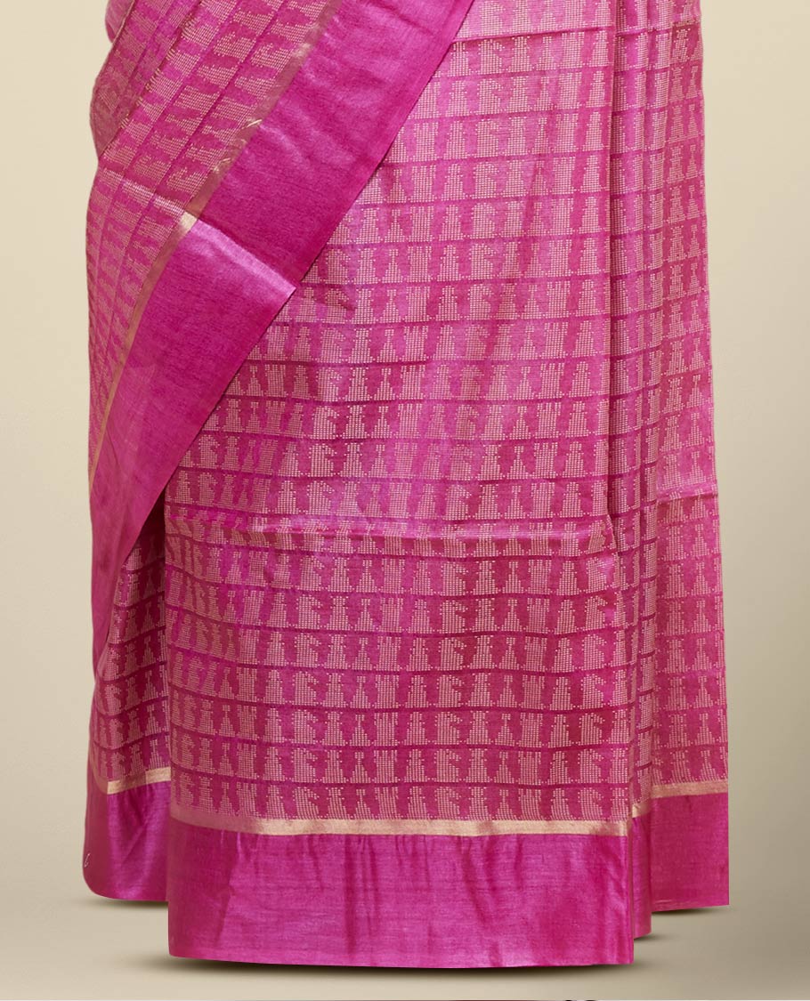 Pink tusser silk saree with unique designs, self-border of stripes